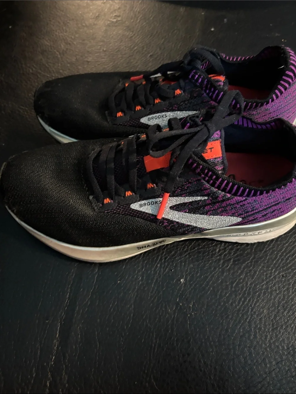 Brooks Black Knit Running Shoes with Purple and Coral Accents